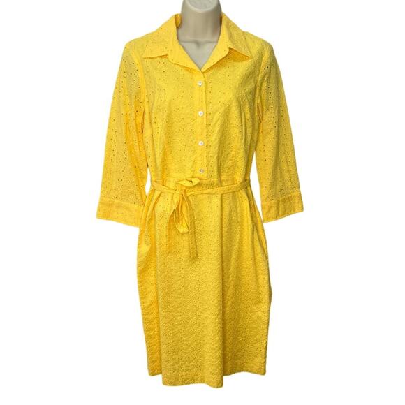Talbots Yellow Eyelet Midi Shirt Dress Belt Size 8 3/4 Sleeves Button Front - Picture 1 of 8